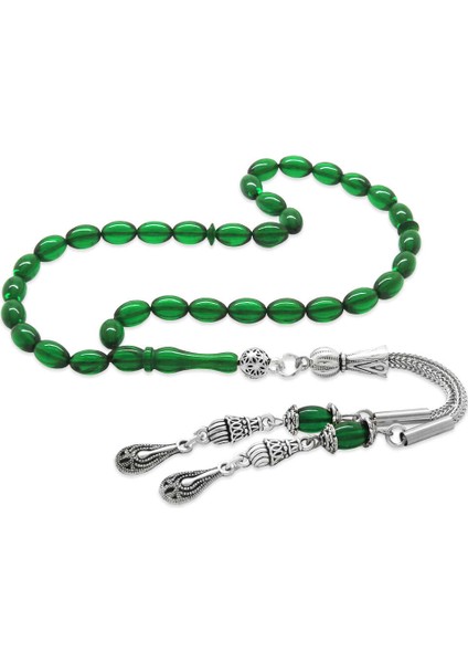 Ateş Kehribar Tesbih - Kararmaz Metal Damla Püsküllü - Yeşil Renk - Mini Boy - Arpa Kesim
