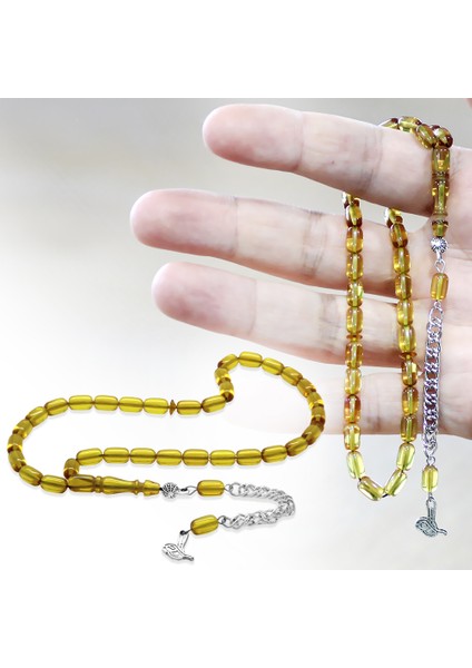 Ateş Kehribar Tesbih - Kararmaz Metal Püsküllü - Mini Boy - Sarı Renk - Kapsül Kesim fiyatları