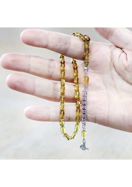 Ateş Kehribar Tesbih - Kararmaz Metal Püsküllü - Mini Boy - Sarı Renk - Kapsül Kesim fırsatları