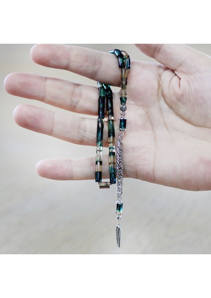 Ateş Kehribar Tesbih - Kararmaz Metal Püsküllü - Mini Boy - Mavi Beyaz Renk - Kesme Kesim fırsatları