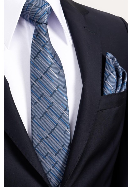 8 cm Klasik Geniş Hand Made Lacivert - Gri Çizgili Desen Mendilli Kravat