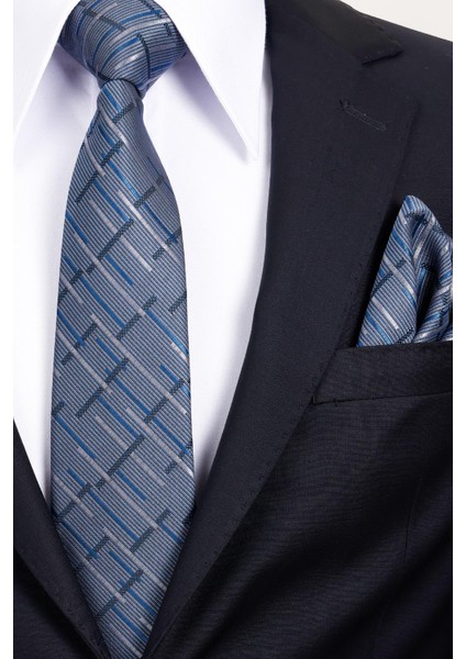 8 cm Klasik Geniş Hand Made Lacivert - Gri Çizgili Desen Mendilli Kravat fiyatları