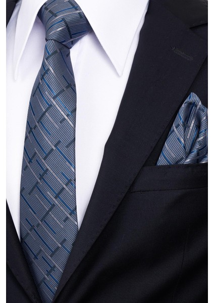 8 cm Klasik Geniş Hand Made Lacivert - Gri Çizgili Desen Mendilli Kravat modelleri