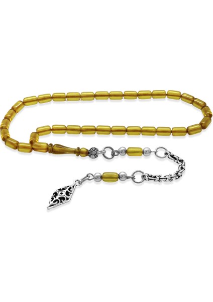 Ateş Kehribar Tesbih - Kararmaz Metal Arnavut Püsküllü - Mini Boy - Ihlamur Sarı - Kapsül Kesim