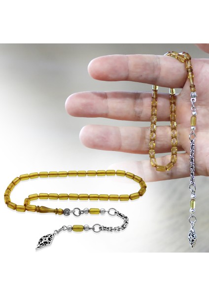 Ateş Kehribar Tesbih - Kararmaz Metal Arnavut Püsküllü - Mini Boy - Ihlamur Sarı - Kapsül Kesim fiyatları