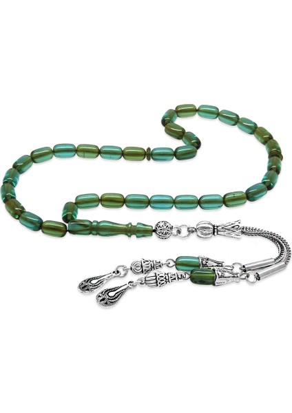 Ateş Kehribar Tesbih - Kararmaz Metal Damla Püsküllü - Su Yeşili - Mini Boy - Kapsül Kesim