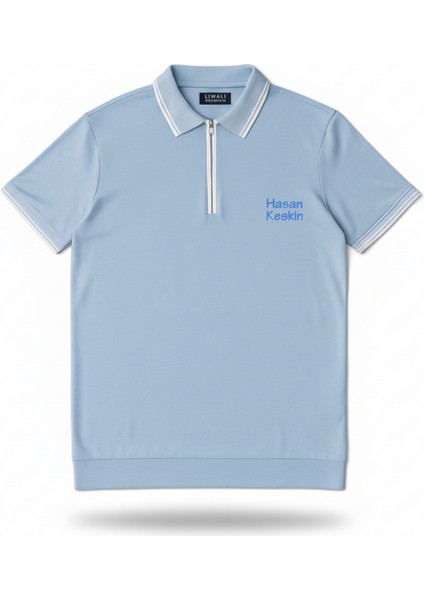 Kişiye Özel Nakışlı Kısa Kollu Ribana Yaka Likralı Premium Mavi Tişört 2xl