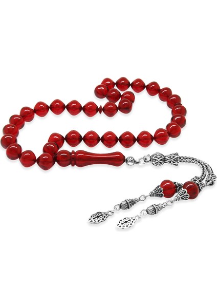 925 Ayar Gümüş Püsküllü Istanbul Kesim Bayrak Kırmızı Ateş Kehribar Tesbih