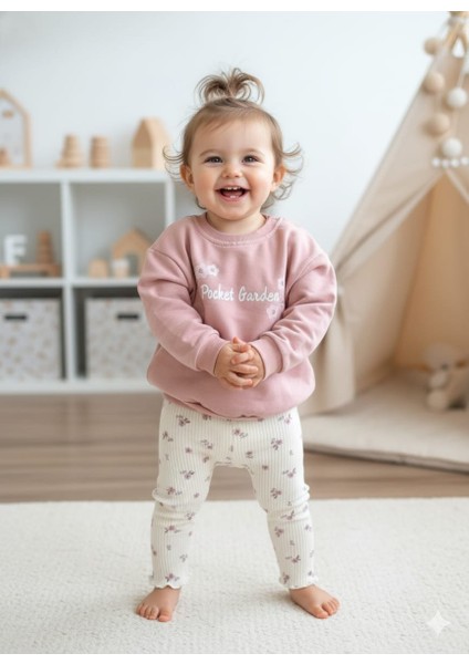 Laura Baby Çiçek Desenli Kız Bebek Çocuk Alt Üst Taytlı Takım