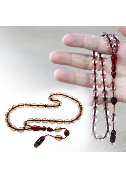 Sistemli Arpa Kesim Kırmızı Imame Kombinli Şeffaf Ateş Kehribar Tesbih fiyatları