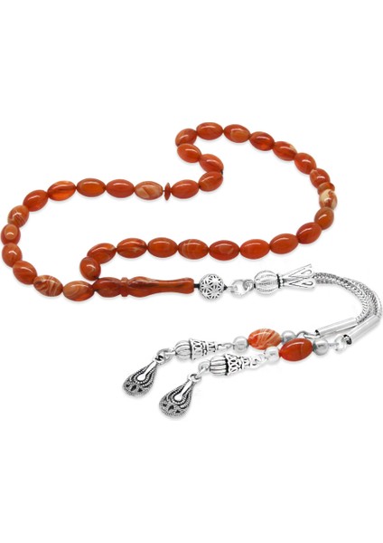 Ateş Kehribar Tesbih - Kararmaz Metal Damla Püsküllü - Soft Kırmızı Beyaz - Mini Boy - Arpa Kesim