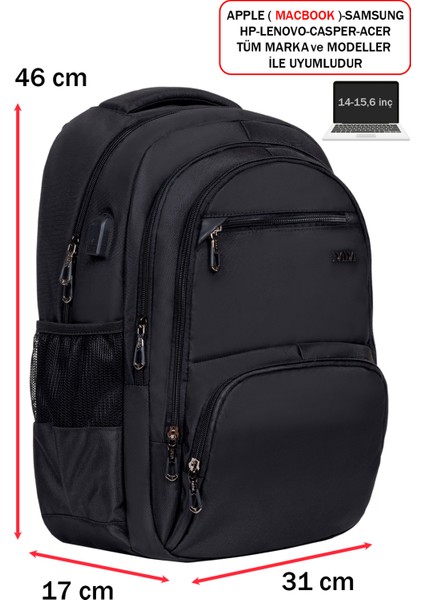 Erkek Sırt Çantası Okul Iş Günlük Kullanım USB Girişli Ortopedik Sırt ve Omuz Askısı 14-15,6 Inç modelleri