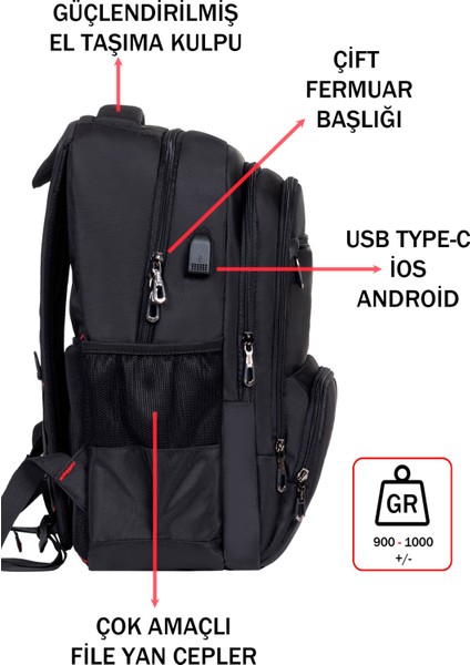 Erkek Sırt Çantası Okul Iş Günlük Kullanım USB Girişli Ortopedik Sırt ve Omuz Askısı 14-15,6 Inç fırsatları