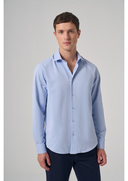 Erkek Mavi Polyester Trend Desenli Dynamic Fit Italyan Yaka Gömlek