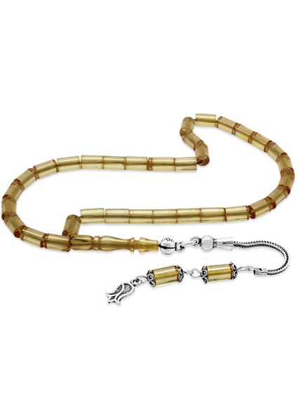 925 Ayar Gümüş Püsküllü Kesme Kesim Mini Boy Saman Sarı Ateş Kehribar Tesbih