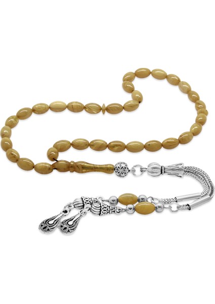 Ateş Kehribar Tesbih - Kararmaz Metal Damla Püsküllü - Krem Rengi - Mini Boy - Arpa Kesim