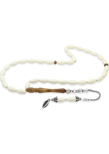 925 Ayar Gümüş Püsküllü Arpa Kesim Cilalı Kuka Kombinasyonlu Deve Kemiği Tesbih