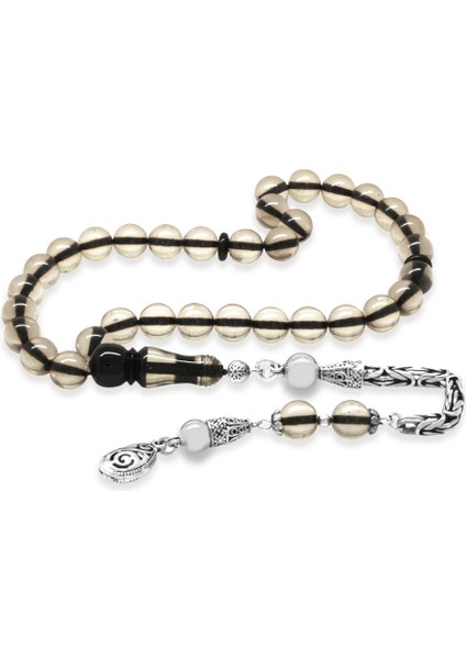 925 Ayar Gümüş Kral Zincir Püsküllü Küre Kesim Sürmeli Imame Kombinli Şeffaf Ateş Kehribar Tesbih