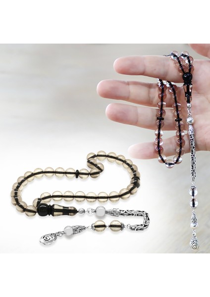 925 Ayar Gümüş Kral Zincir Püsküllü Küre Kesim Sürmeli Imame Kombinli Şeffaf Ateş Kehribar Tesbih fiyatları