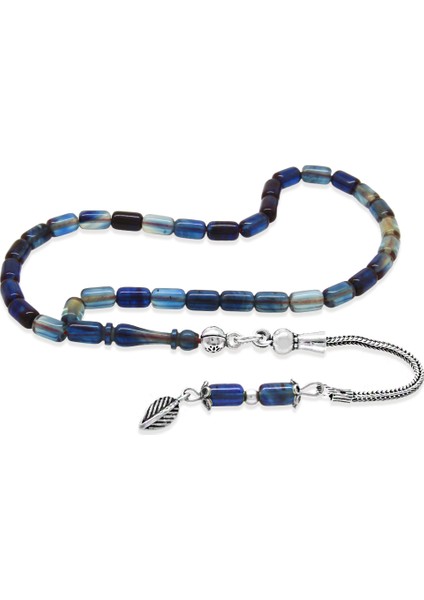 Ateş Kehribar Tesbih - 925 Ayar Gümüş Zincir Püsküllü - Mini Boy - Mavi Beyaz Renk - Kapsül Kesim