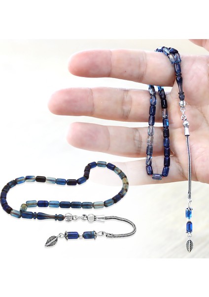 Ateş Kehribar Tesbih - 925 Ayar Gümüş Zincir Püsküllü - Mini Boy - Mavi Beyaz Renk - Kapsül Kesim fiyatları