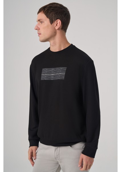 Erkek Siyah Trend Baskılı Bisiklet Yaka Sweatshirt fiyatları