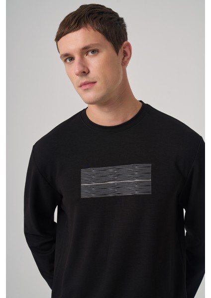 Erkek Siyah Trend Baskılı Bisiklet Yaka Sweatshirt modelleri