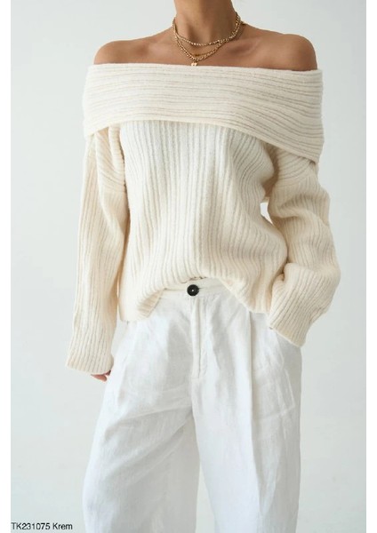 Kadın Omuz Açık Kaburga Örgü Geniş Yaka Büyük Boy Kazak