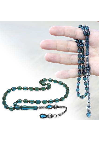 1000 Ayar Gümüş Kazaz Püsküllü Arpa Kesim Turkuaz Ateş Kehribar Tesbih fiyatları