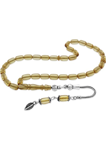 925 Ayar Gümüş Püsküllü Kapsül Kesim Mini Boy Saman Sarı Ateş Kehribar Tesbih