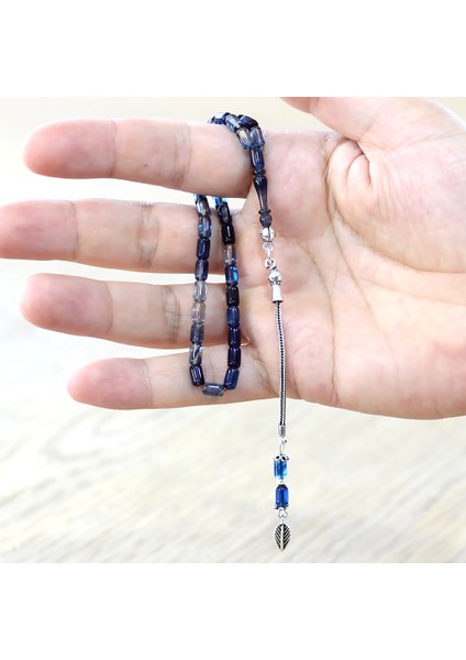 Ateş Kehribar Tesbih - 925 Ayar Gümüş Zincir Püsküllü - Mini Boy - Mavi Beyaz Renk - Kapsül Kesim modelleri