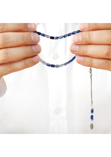 Ateş Kehribar Tesbih - 925 Ayar Gümüş Zincir Püsküllü - Mini Boy - Mavi Beyaz Renk - Kapsül Kesim fırsatları