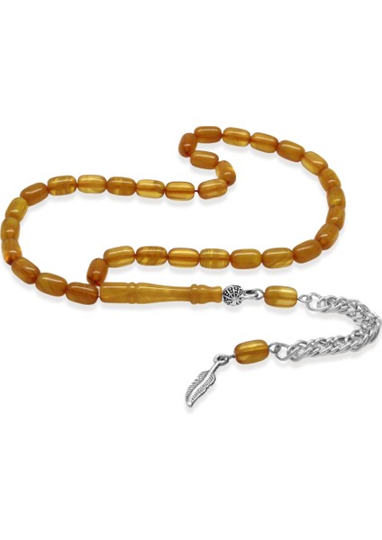 Ateş Kehribar Tesbih - Kararmaz Metal Püsküllü - Mini Boy - Hareli Turuncu - Kapsül Kesim