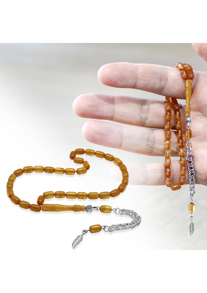 Ateş Kehribar Tesbih - Kararmaz Metal Püsküllü - Mini Boy - Hareli Turuncu - Kapsül Kesim fiyatları