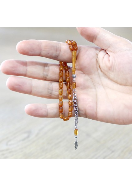 Ateş Kehribar Tesbih - Kararmaz Metal Püsküllü - Mini Boy - Hareli Turuncu - Kapsül Kesim modelleri
