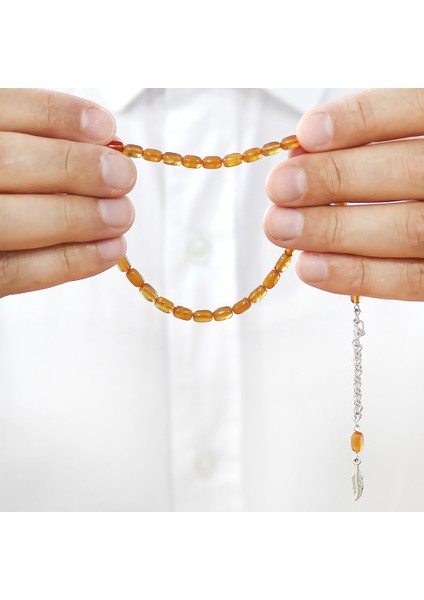 Ateş Kehribar Tesbih - Kararmaz Metal Püsküllü - Mini Boy - Hareli Turuncu - Kapsül Kesim fırsatları