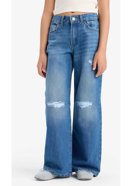 Kız Çocuk Wide Leg Yırtık Detaylı Geniş Paça Jean Pantolon E5882A825AU