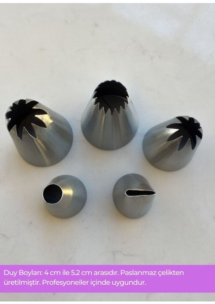 Cupcake, Ekler, Pasta ve Kurabiye Duyu 5’li Büyük Boy Paslanmaz Çelik Dekoratif Krema Duy Seti Set-3 modelleri