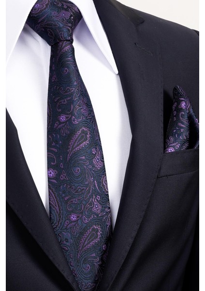 8 cm Klasik Geniş Hand Made Lacivert - Mor Şal Desen Mendilli Kravat