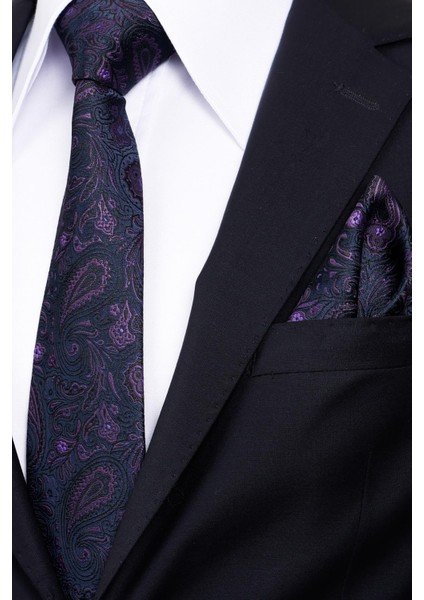 8 cm Klasik Geniş Hand Made Lacivert - Mor Şal Desen Mendilli Kravat modelleri