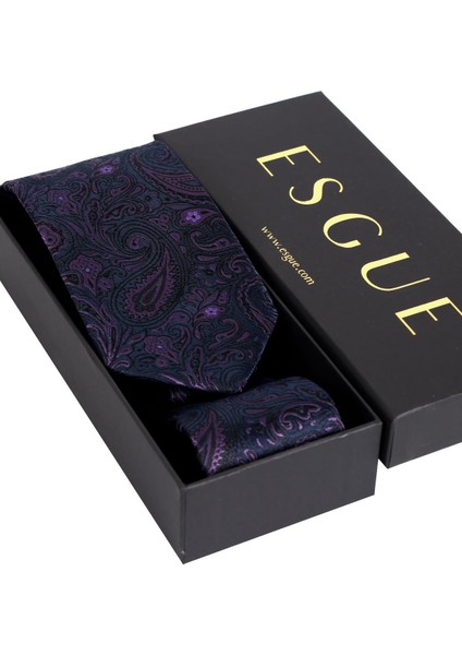 8 cm Klasik Geniş Hand Made Lacivert - Mor Şal Desen Mendilli Kravat fırsatları