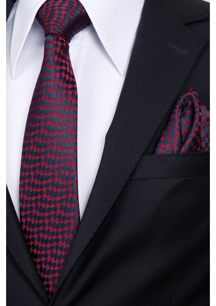 8 cm Klasik Geniş Hand Made Bordo - Lacivert Desenli Mendilli Kravat