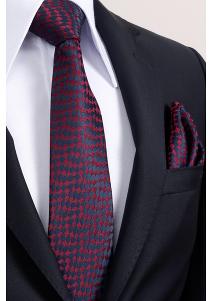 8 cm Klasik Geniş Hand Made Bordo - Lacivert Desenli Mendilli Kravat modelleri