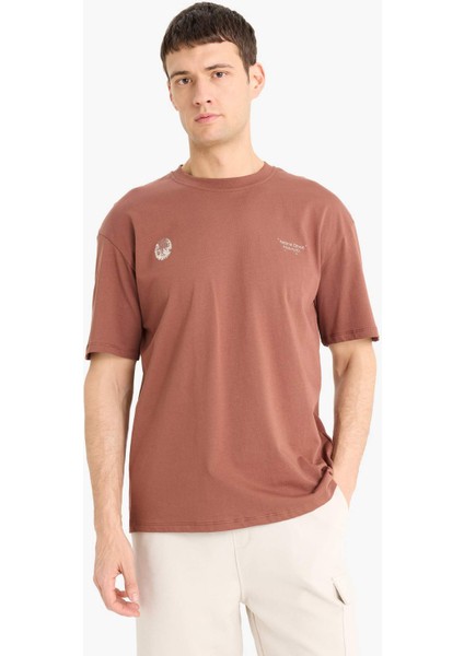 %100 Pamuk Boxy Fit Bisiklet Yaka Sırt Baskılı Kısa Kollu Tişört E1698AX25SM