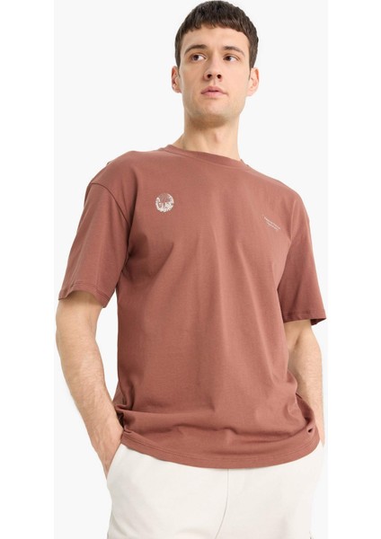 %100 Pamuk Boxy Fit Bisiklet Yaka Sırt Baskılı Kısa Kollu Tişört E1698AX25SM