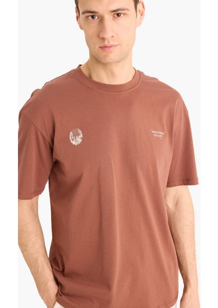 %100 Pamuk Boxy Fit Bisiklet Yaka Sırt Baskılı Kısa Kollu Tişört E1698AX25SM