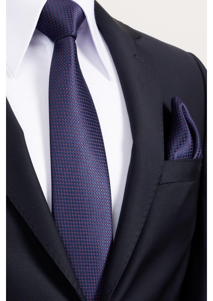 8 cm Klasik Geniş Hand Made Lacivert - Bordo Nokta Desen Mendilli Kravat