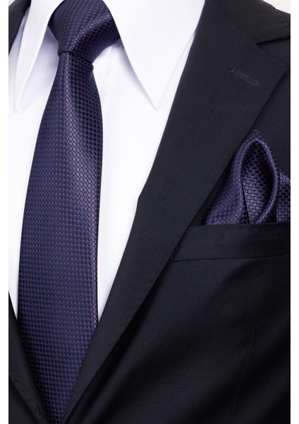 8 cm Klasik Geniş Hand Made Lacivert - Bordo Nokta Desen Mendilli Kravat modelleri