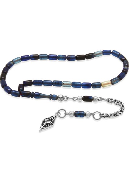 Ateş Kehribar Tesbih - Kararmaz Arnavut Püsküllü - Mini Boy - Lacivert Beyaz Renk - Kapsül Kesim