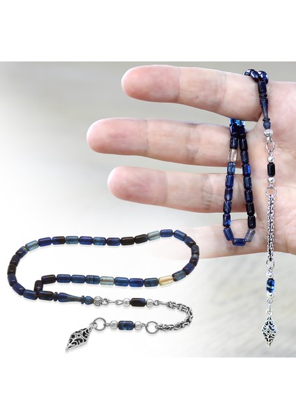 Ateş Kehribar Tesbih - Kararmaz Arnavut Püsküllü - Mini Boy - Lacivert Beyaz Renk - Kapsül Kesim fiyatları